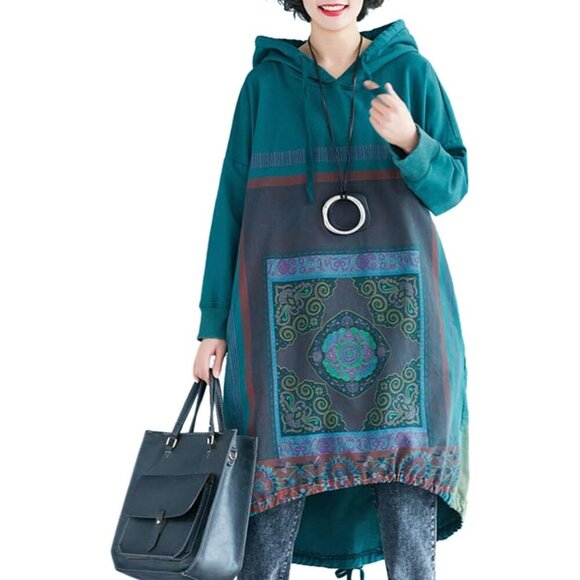 Women Cotton Ethnic Floral Hoodie Sweatshirt Casual Loose Fit Pockets